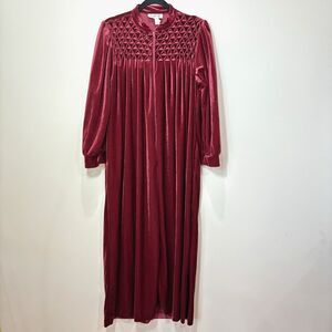 Womens Velvet Long Robe Burgundy Red House Coat M/L Velour Full Zip Cozy Hygge